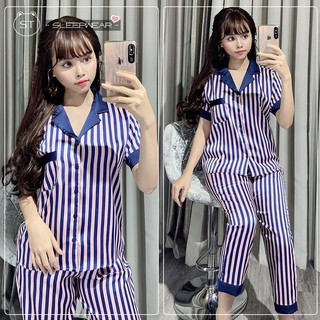 Đồ bộ pịama lụa tay ngắn quần dài (sọc trơn)