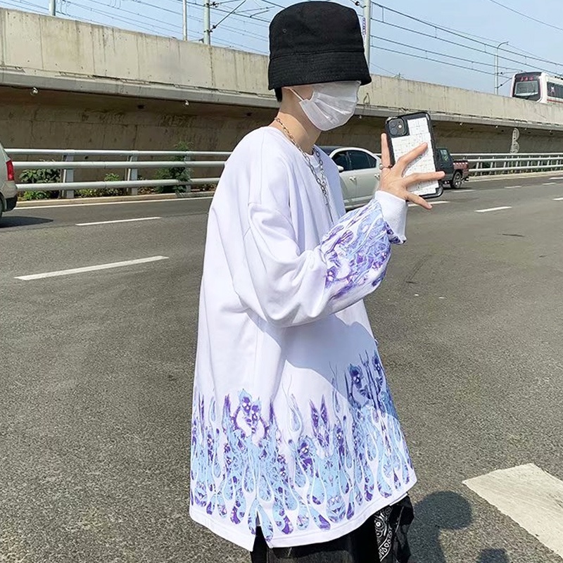 Áo nỉ tay dài in hình ngọn lửa phong cách hip hop thời trang cho nam nữ