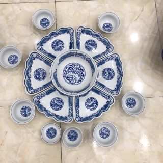 Bộ đĩa bát hoa mặt trời men lam