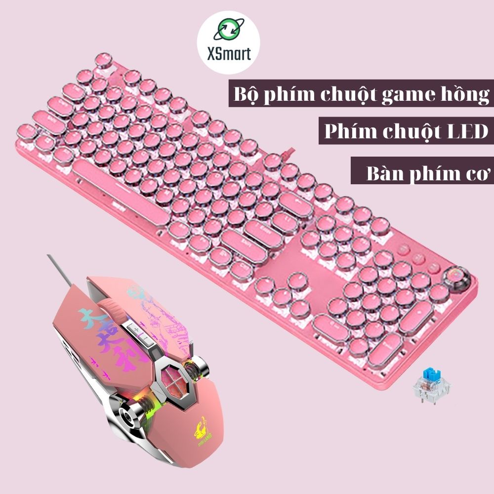 Bộ bàn phím CƠ viền CROM và Chuột màu Hồng led nhiều chế độ siêu đẹp T900 crom+V8 PINK tương thích máy tính laptop pc