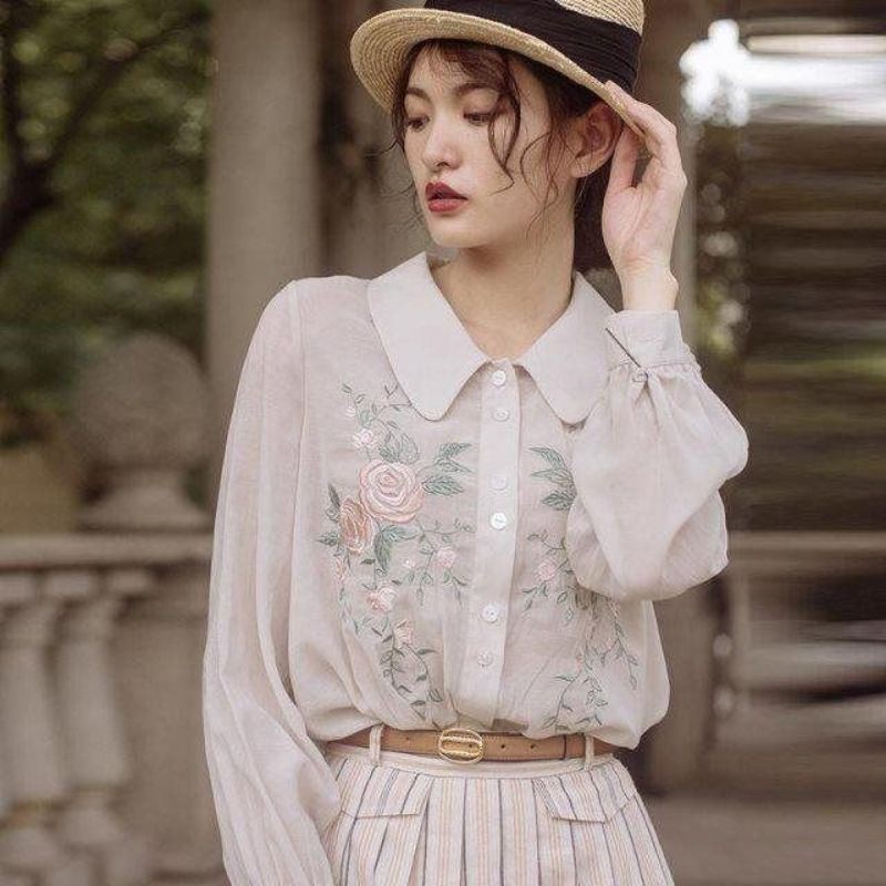 Áo lụa nàng thơ tay dài thêu hoa nổi