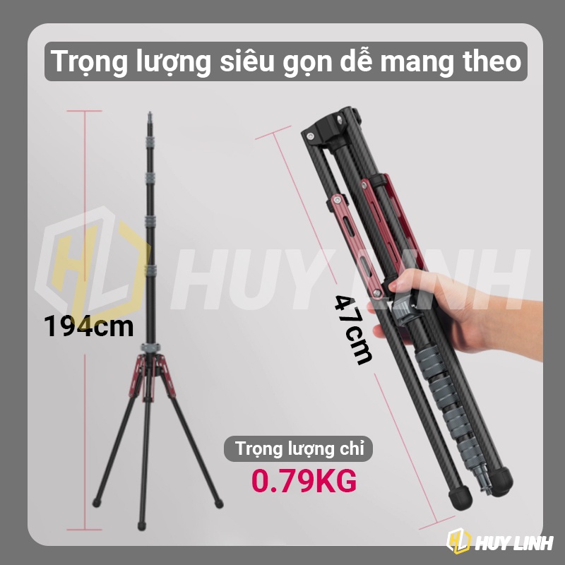 Ulanzi MT49 Tripod chuyên nghiệp Full Carbon - Chiều cao tối đa 2M gắn Đèn, Camera