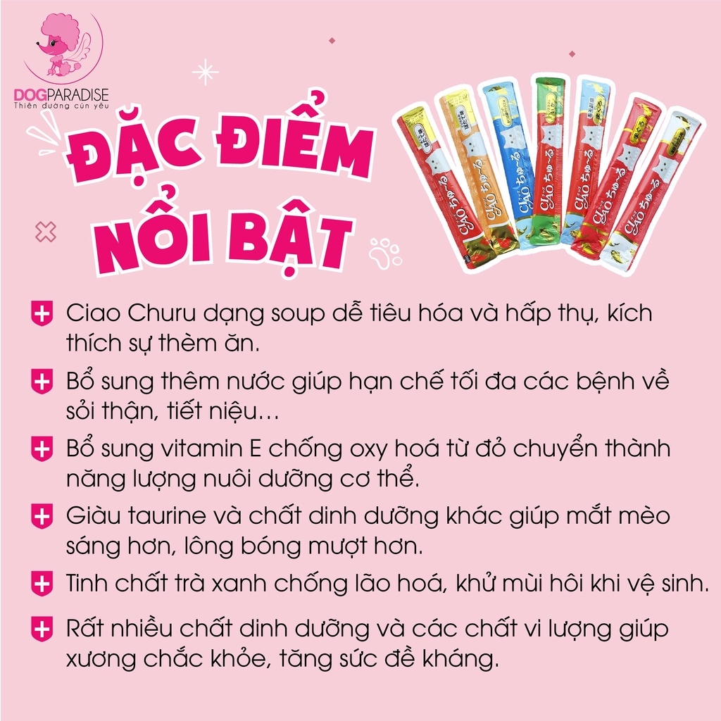 Súp thưởng Ciao Churu thanh lẻ cho mèo xuất xứ Thái Lan giao mix mùi - Dog Paradise