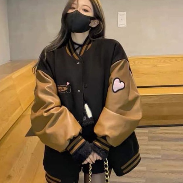 Áo Khoác Bomber Phối Tay Da Takeep siêu ngầu form unisex nam nữ mặc được Hot Hit- Hàn Quốc
