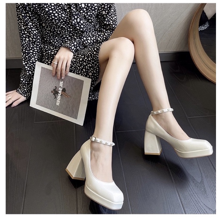 _ Giày lolita nữ , giày cao gót đế trụ 9cm phối quai ngọc tiểu thư Pháp