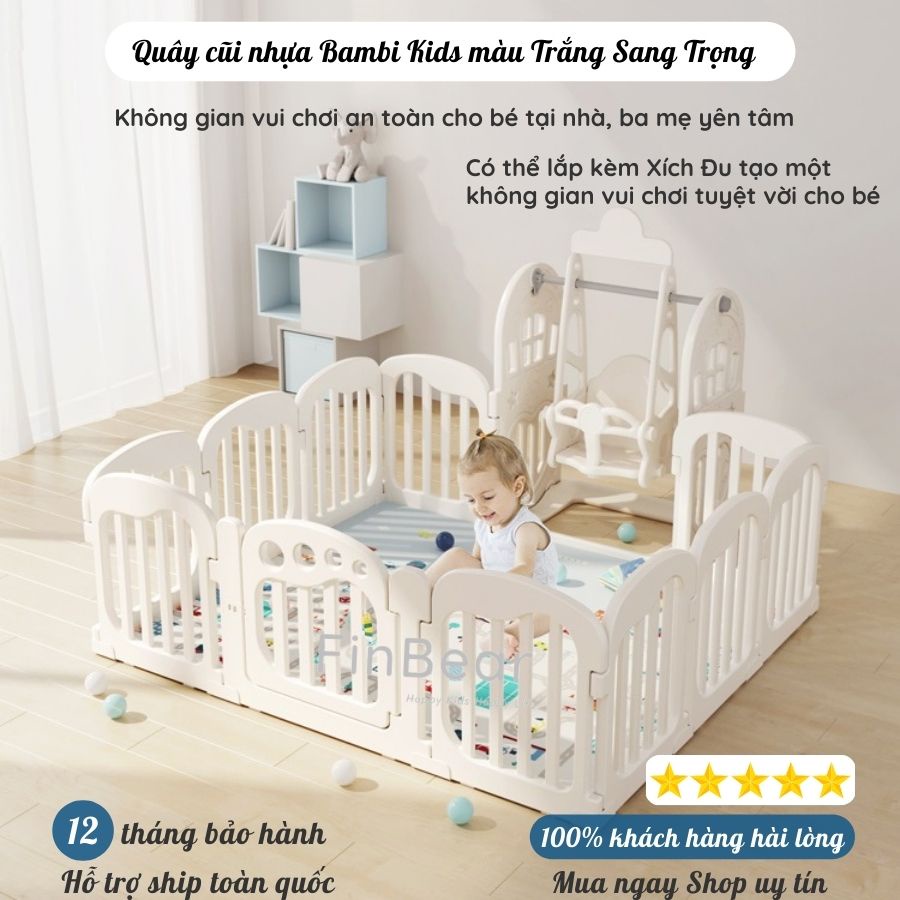 Quây cũi nhựa Bambi Kids màu Trắng nhiều kích thước, Cũi nhựa nguyên sinh cao 65cm an toàn cho bé FINBEAR