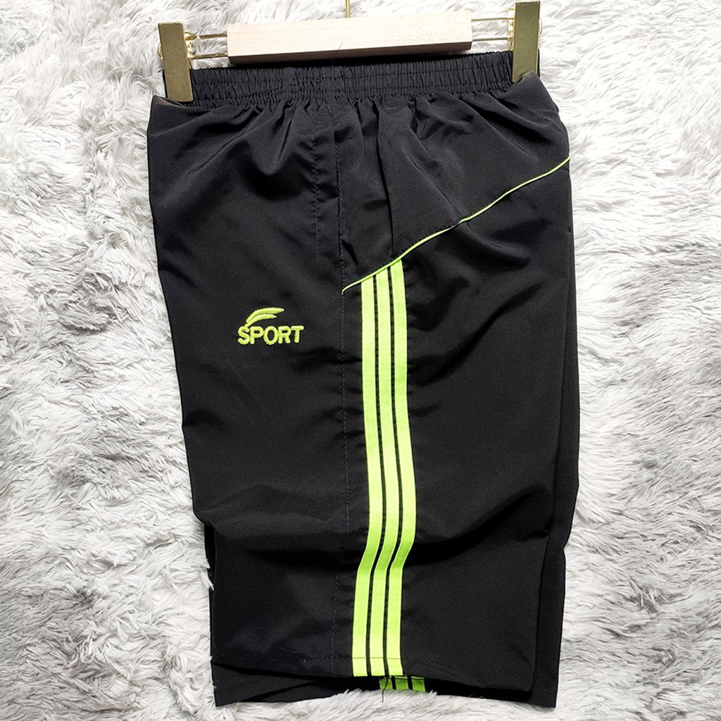 Quần Đùi Nam, Quần Short Nam Thể Thao Vải Dù Gió Phối 3 Sọc Băng Lụa 45-70kg
