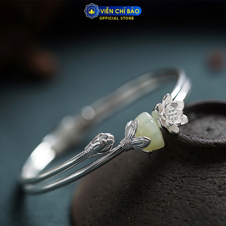 Kiềng tay bạc nữ Đài sen bạch ngọc bạc chất liệu Thái S925 thời trang phụ kiện trang sức nữ Viễn Chí Bảo L000144
