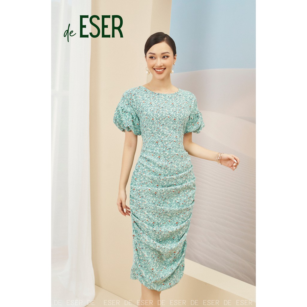 Caily Dress - Váy lụa hoa nhí xanh tay bồng cao cấp