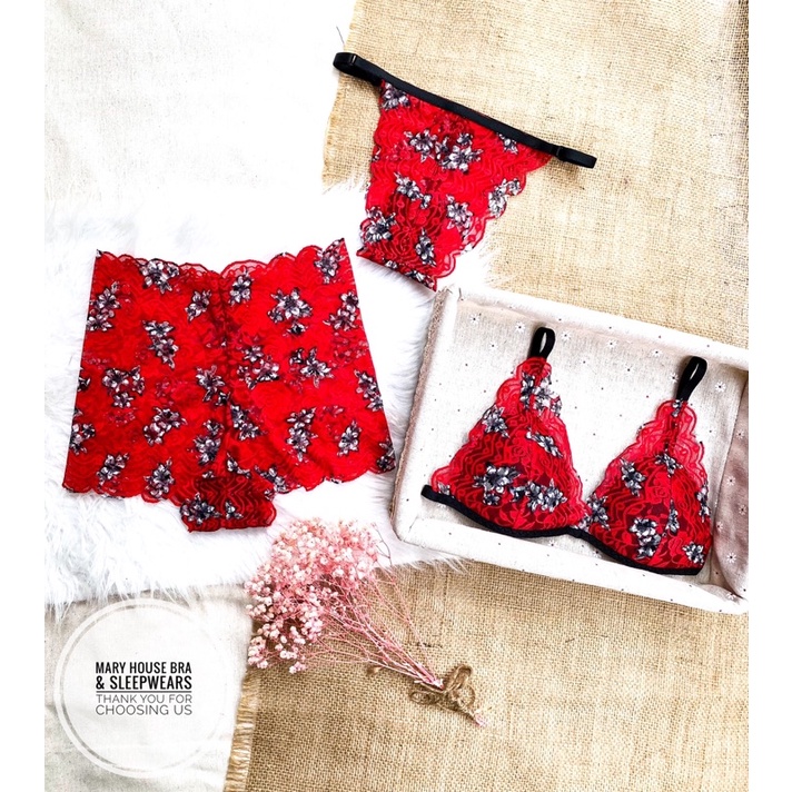 BỘ BRALETTE REN MÚT NGỰC HOA ĐỎ TƯƠI MARY HOUSE BRA & SLEEPWEARS