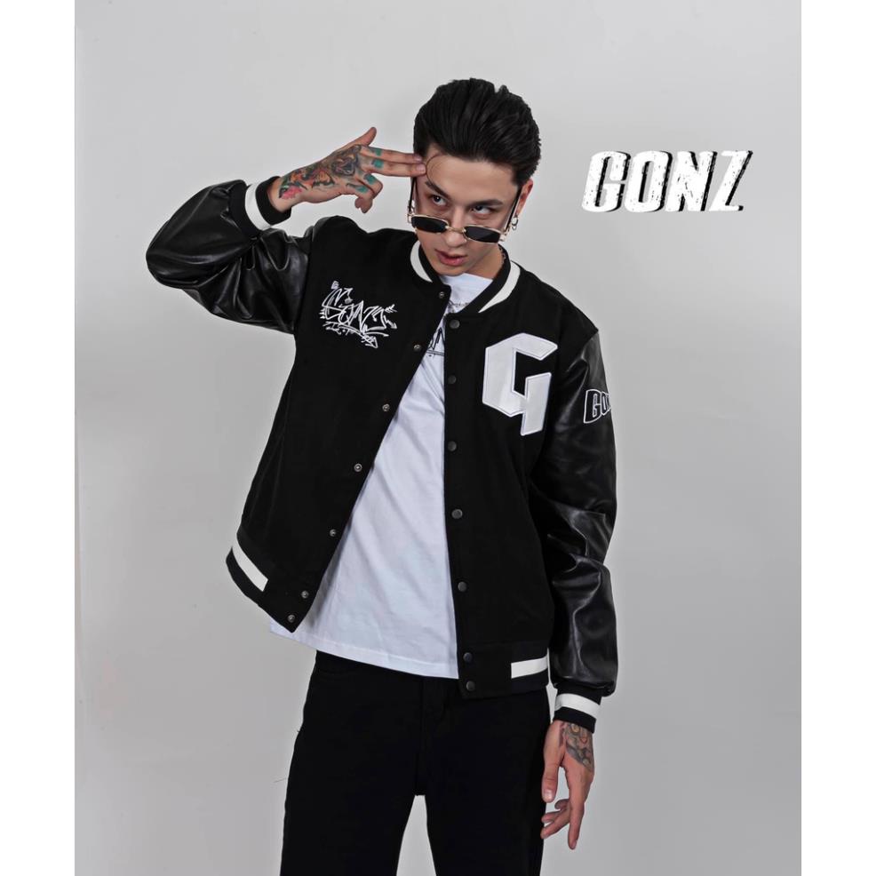 Áo khoác bomber, Varsity jacket Gonz Black nỉ phối tay da form rộng, nỉ tay da dày dặn phong cách