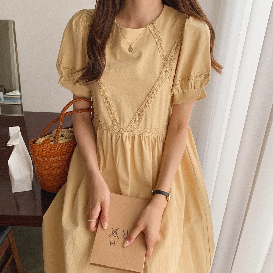 Đầm Tay Ngắn Phối Ren Thời Trang Dành Cho Nữ 35224