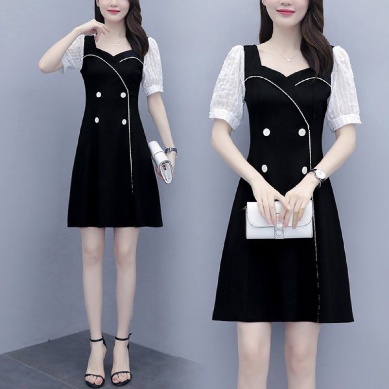 đầm cổ vuông thun đen trắng 4 nút tay ren size ngoại cỡ 80-100kg