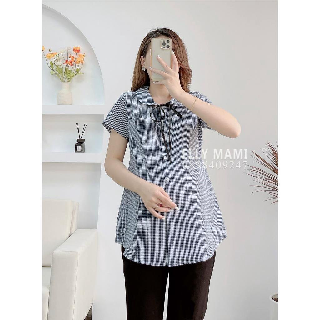 ( 40kg - 65kg )[Cúc Mở Bé Ti] Set Áo Bầu , Bigsize Sau Sinh Kẻ Cổ Sen Nơ Đen Form Dễ Mặc Thoải Mái Suốt Thai Kì&amp;Sau Sinh