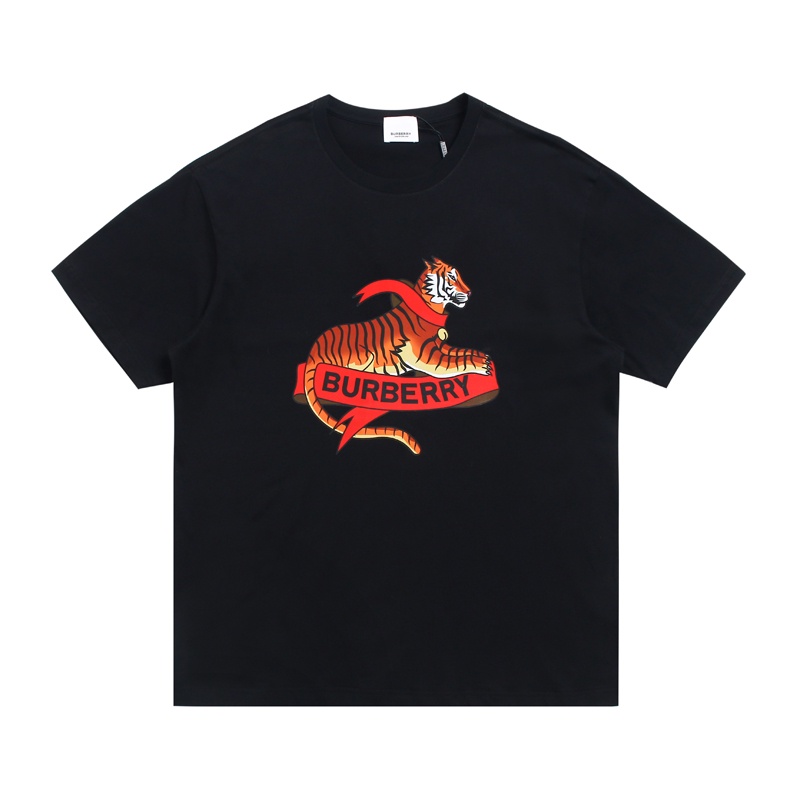 Burber* Áo Thun In Logo Ruy Băng Hình Hổ Phía Trước Mùa Hè Cá Tính Thời Trang Cho Cặp Đôi