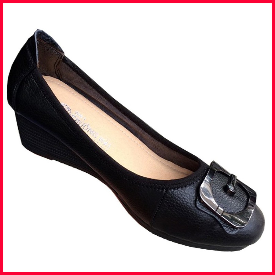 Giày đế xuồng nữ da bò cao 5cm màu đen TH DX277