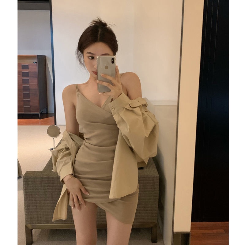 Bán Chạy!F &amp; X Đầm Ngắn Hai Dây Cổ Chữ v Ôm Eo Màu Trơn Thời Trang Mùa Hè Cao Cấp Phong Cách Mới Cho Nữ