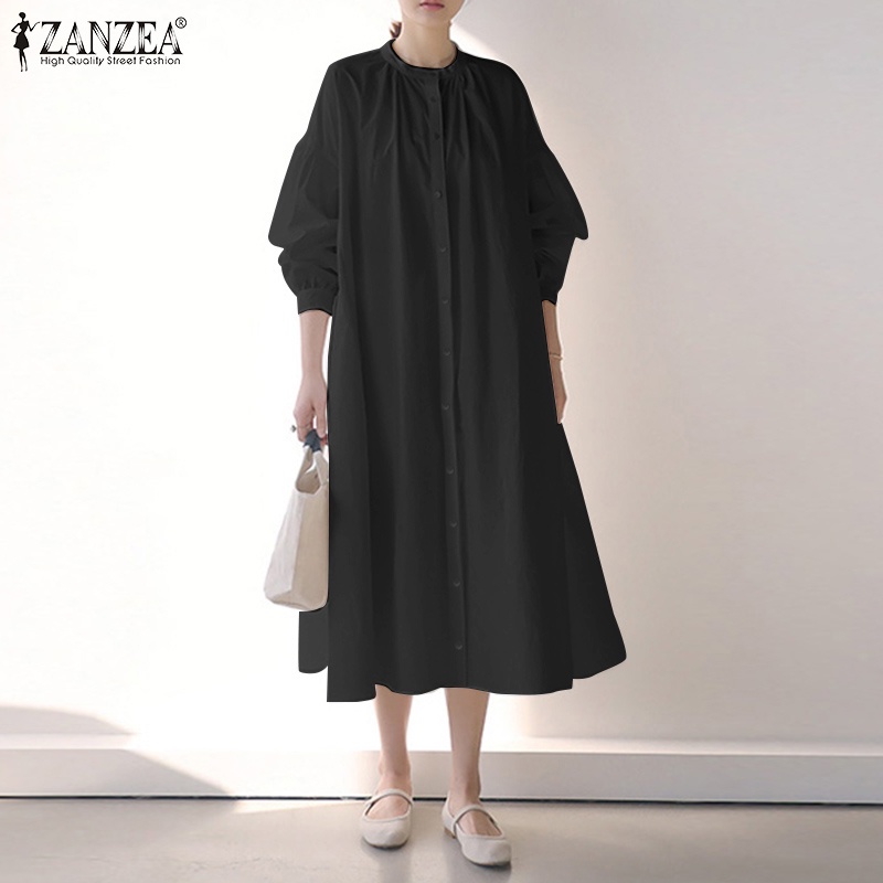 Đầm xòe ZANZEA tay dài cổ tròn phong cách Hàn Quốc đơn giản tùy chọn màu sắc cho nữ