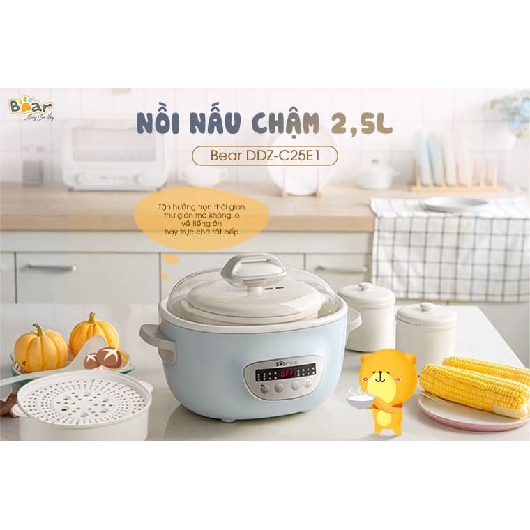 [Bản Quốc Tế]Nồi Nấu Cháo Chậm, Hầm, Ninh Cách Thủy Đa Năng Kèm Lồng Hấp Bear 0.8L,1.6L,2.5L Tiếng Anh