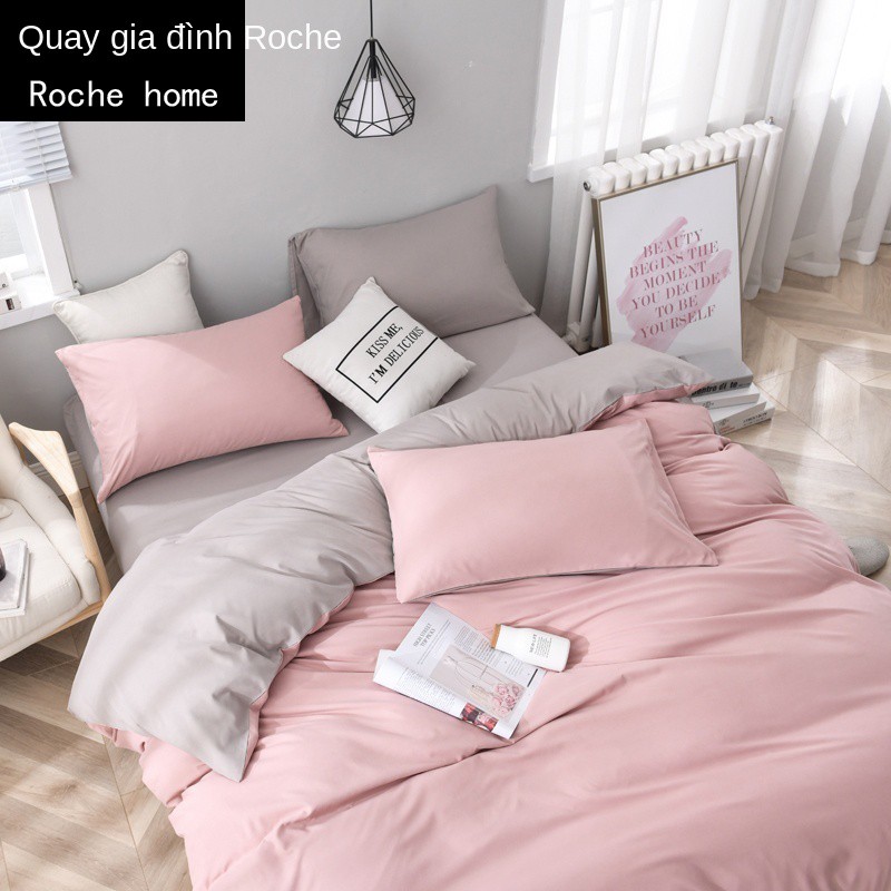 Bộ chăn ga gối đệm màu thuần 1.5 cotton nguyên chất chải lông drap trải giường 3 mảnh tấm khăn full lưới đỏ 4