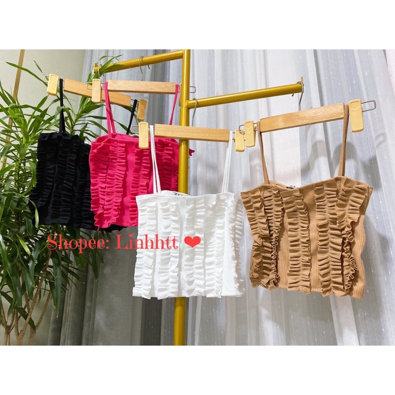 | Loại 1| Áo 2 dây gân ôm body croptop phối bèo áo dây dáng ngắn co dãn basic