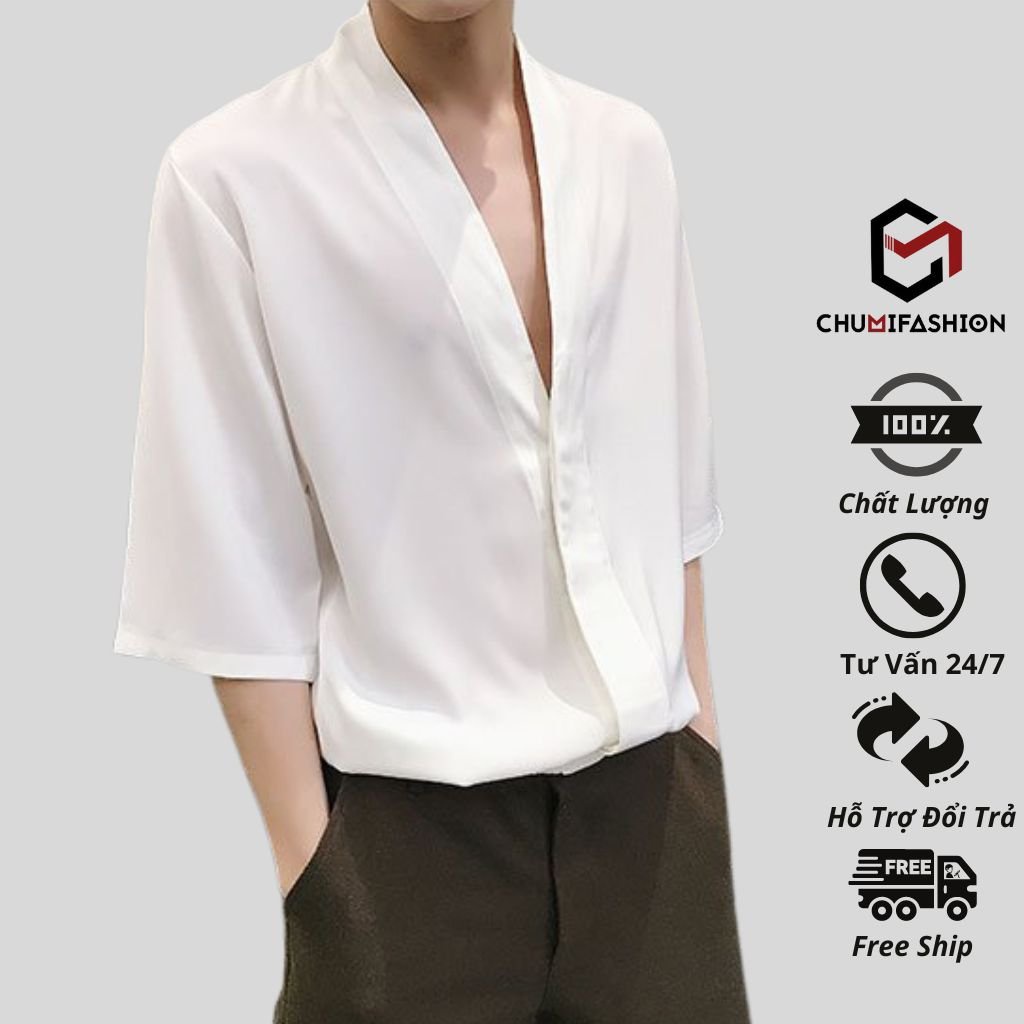 Áo sơ mi nam CHUMI không cổ tay lỡ dáng rộng, dấu khuy phong cách sang trọng lịch sự cức hót asm 46