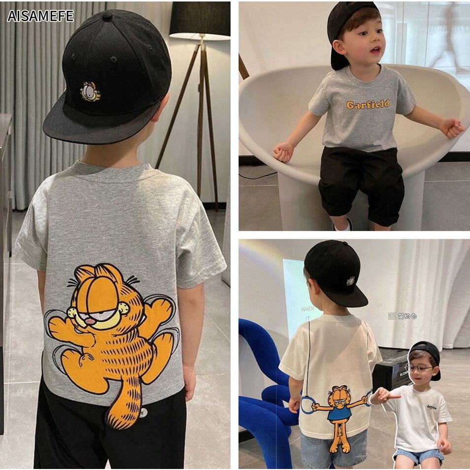 Áo Thun Cotton Tay Ngắn In Hình Mèo Garfield 3D Thời Trang Mùa Hè Cho Bé Trai