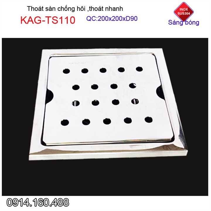 Hố ga thoát sàn Inox Kace ống 9cm KAG-TS110 Inox 304, phễu thoát nước chống hôi 20x20cm ống D90mm