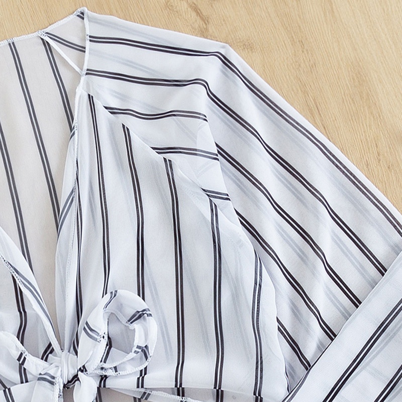 Áo Sơ Mi Tay Dài Phồng Cổ Chữ V Thắt Nút Trước Họa Tiết Kẻ Sọc Thời Trang Đi Biển Quyến Rũ Cho Nữ