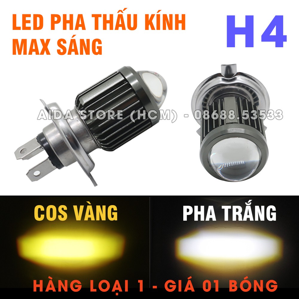 01 đèn pha led H4 bi cầu cắt sáng 2 màu cos vàng/trắng, pha trắng 18w - DC 12v