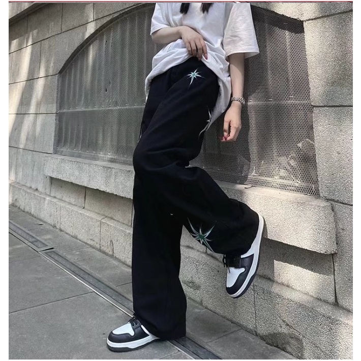 Quần Jean Ống Rộng Plus Size Thêu Hình Ngôi Sao Phong Cách Retro Mỹ Cho Nam Nữ