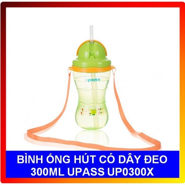 (Made in Thailand) Bình uống nước ống hút có dây đeo 300ml UPASS UP0300X (MÀU XANH LÁ)