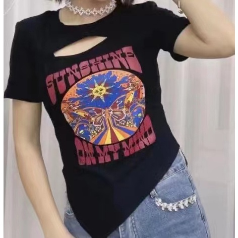 Áo thun nữ BH ngắn tay cổ tròn in hình phong cách Hàn Quốc
