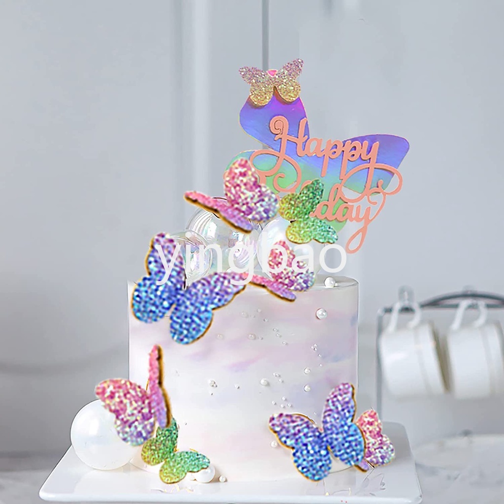 Set 12 Que Trang Trí Bánh Kem Hình Bướm Lấp Lánh