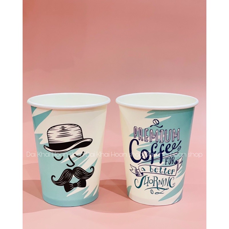 50 Ly Giấy In Hình Café  - màu Xanh 14oz – 360ml Có Nắp|Ly giấy cafe| Ly giấy in hình họa tiết dễ thương