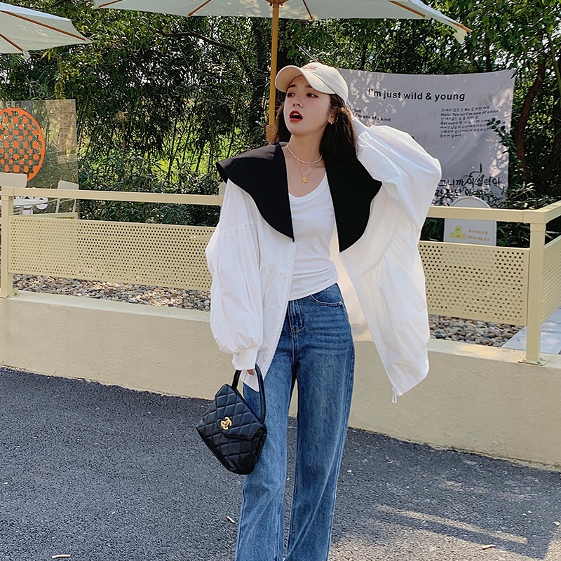 Áo Khoác Chống Nắng Mỏng Cổ Bèo Màu Sắc Tương Phản Dễ Phối Đồ Thời Trang Mùa Hè Cho Nữ