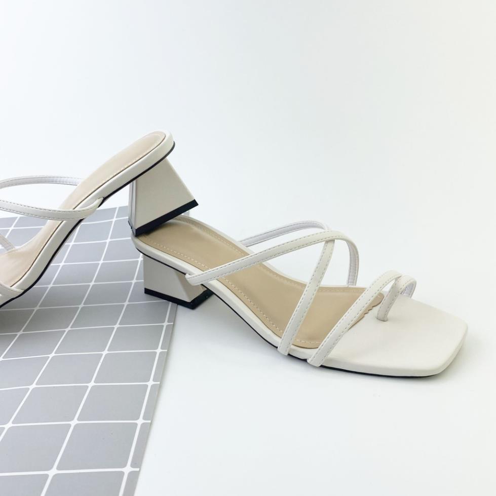 Dép cao gót xỏ ngón nữ 5cm quai chéo dây mảnh mũi vuông chính hãng HISHOO màu trắng S053 .