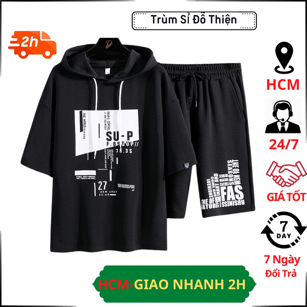 Đồ bộ thể thao nam mặc nhà mùa hè thu in SU-P gồm áo có mũ và quần short siêu hot 2021