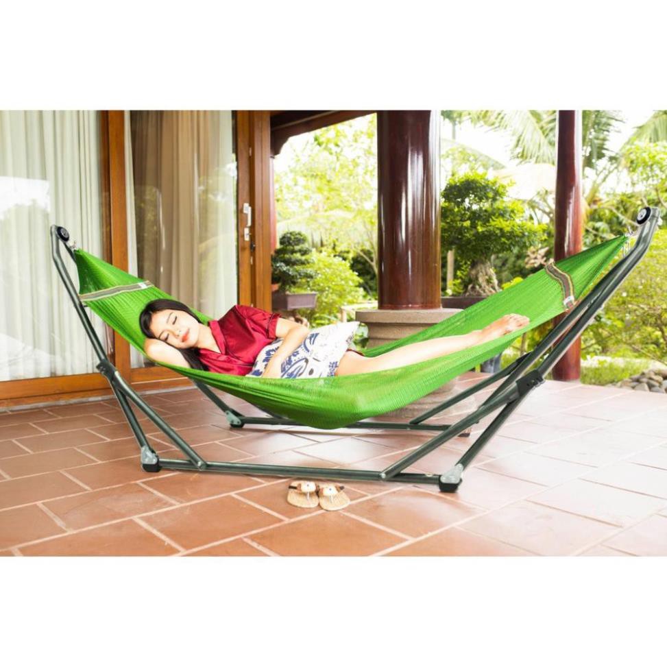 Bộ Khung Võng Xếp Thái Sơn - Relax (Sắt, sơn tĩnh điện) + Võng lưới 2 lớp loại A, cán thép dài 50 cm