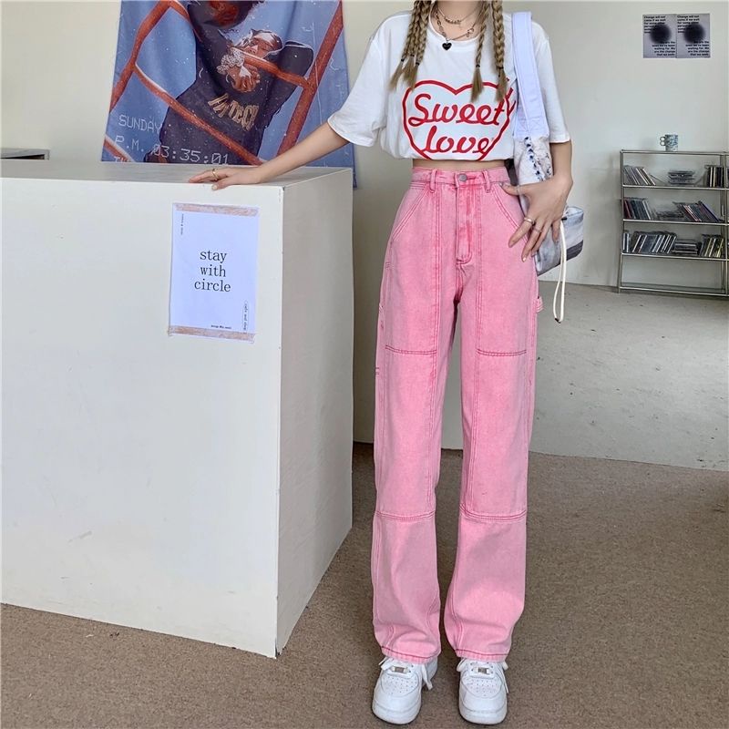 Quần jeans hồng đường gân nổi siêu đẹp phong cách trẻ trung nữ tính
