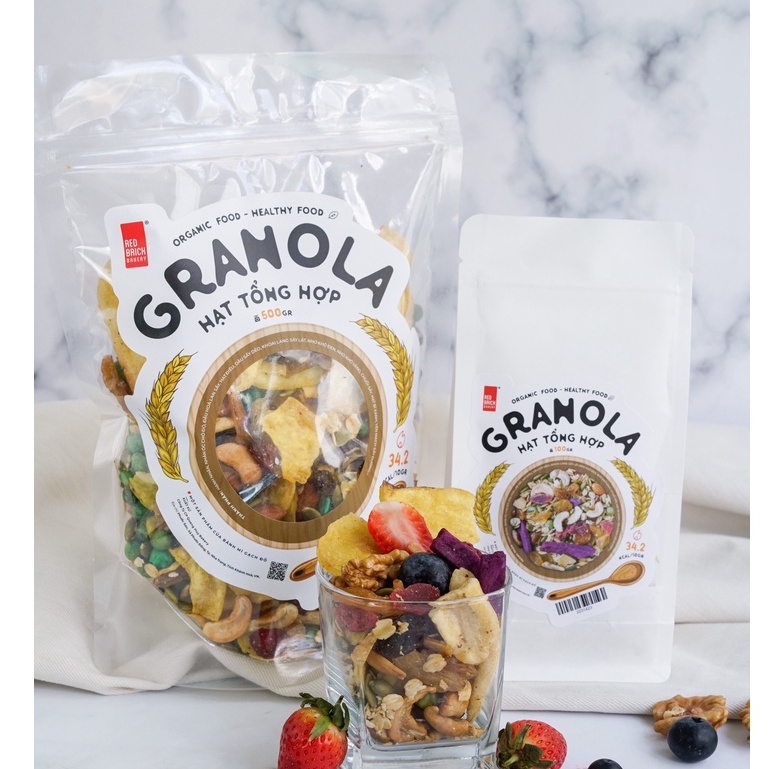 Granola Cao Cấp Mix 12 Loại Hạt Thương Hiệu Gạch Đỏ 500G Óc Chó Macca Ít Yến Mạch