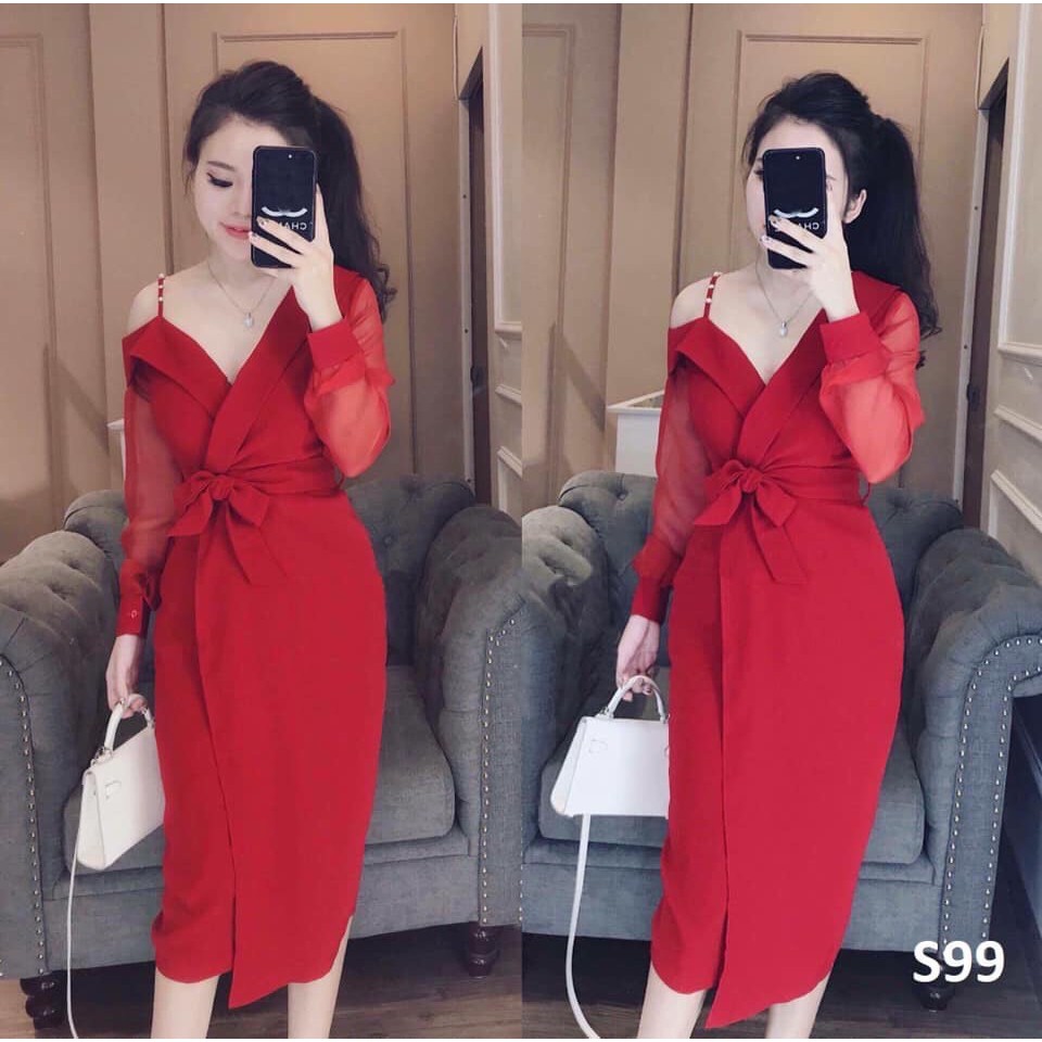 Đầm body tay lưới lệch vai thắt eo + Ảnh thật