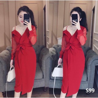 Đầm body tay lưới lệch vai thắt eo + Ảnh thật