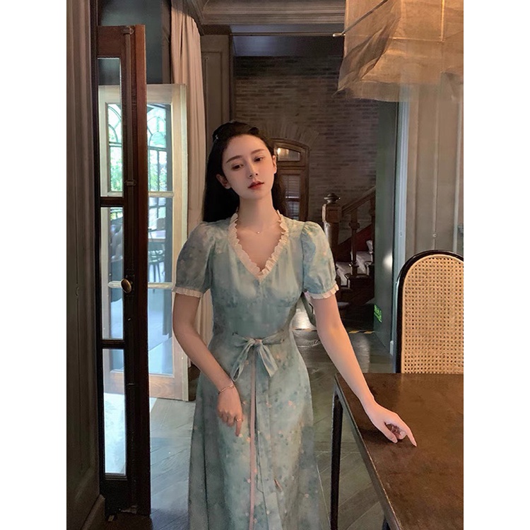 Đầm váy nữ vải lụa hoa nhí dáng dài tay ngắn phồng hai kiểu thắt eo cổ viền ren tiểu thư màu xanh cốm