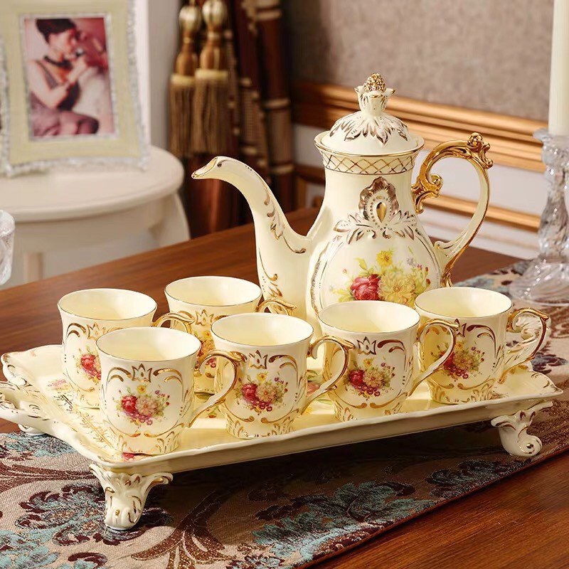 BỘ ẤM CHÉN HOA MẪU ĐƠN PHONG CÁCH HOÀNG GIA KÈM KHAY VIỀN VÀNG CAO CẤP