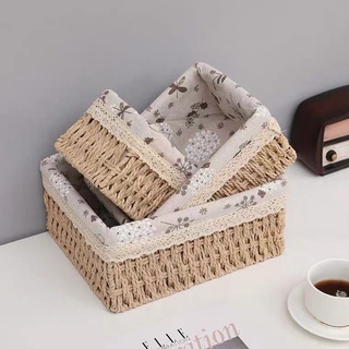 Giỏ cói lót vải hoa nhí vintage, giỏ đi picnic hình chữ nhật đựng đồ, hộp cói đựng đồ (Giỏ mây mềm lót vải)