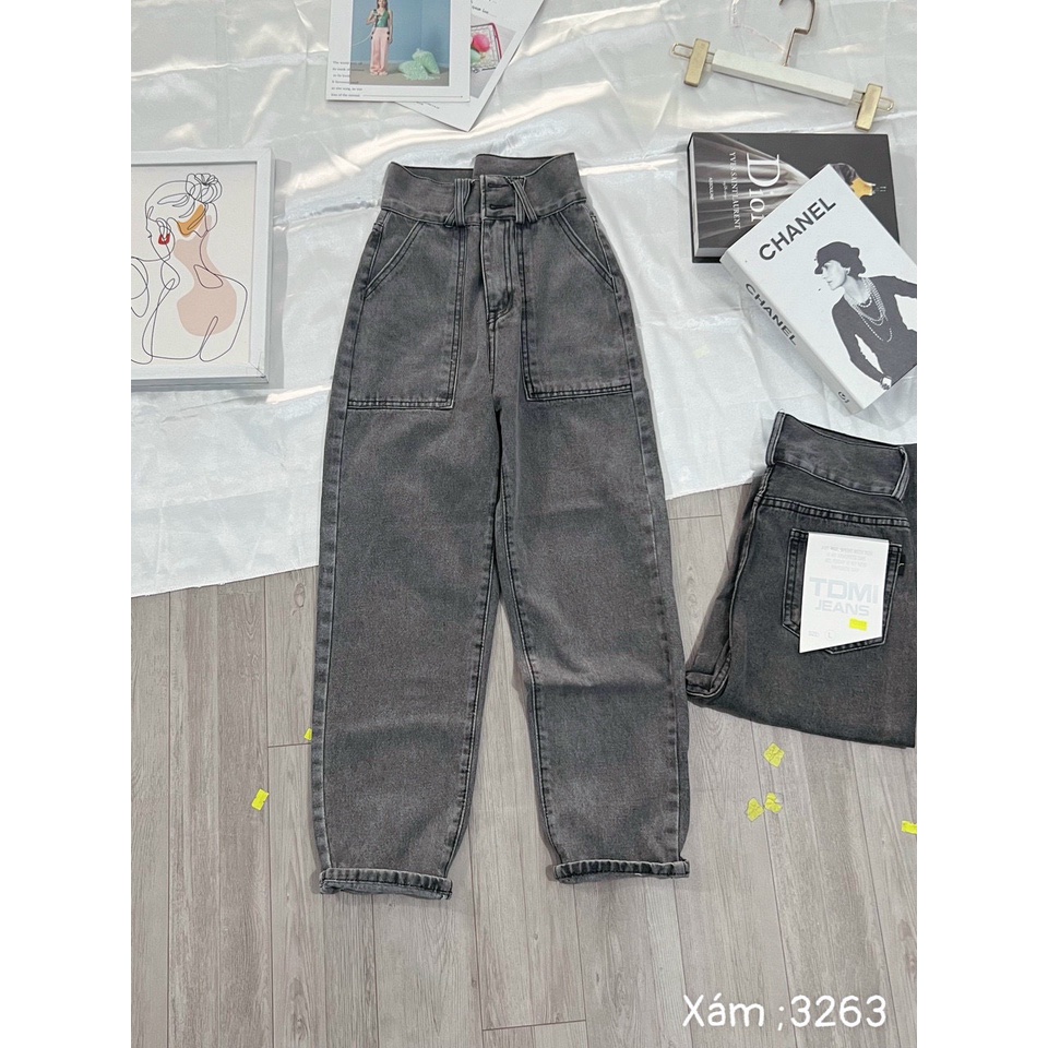 [ ẢNH THẬT ] QUẦN BAGGY JEAN NỮ LƯNG CAO 2 NÚT 2 TÚI HỘP ĐĨA CHÉO LAI CUỐN MÀU XÁM NHẠT CAO CẤP NITI PHONG THÁI DẪN ĐẦU