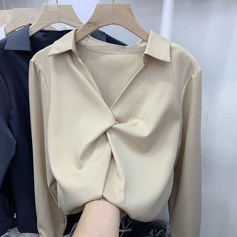 Áo sơ mi Satin tay dài cổ chữ v thời trang thanh lịch cho nữ