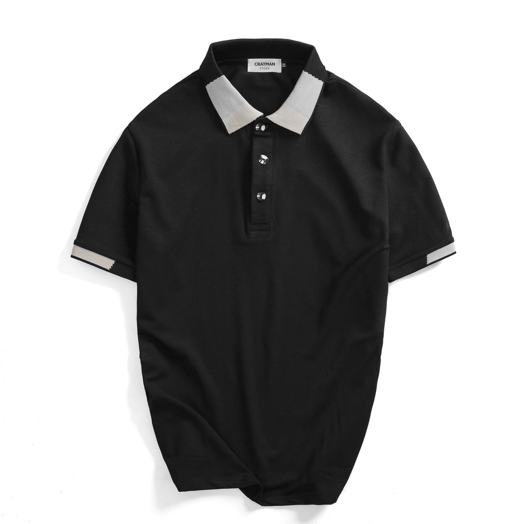 Áo polo nam cổ bẻ Basic CRATMAN vải cá sấu 4 chiều xuất xịn,chuẩn form, sang trọng - thanh lịch - BC đen