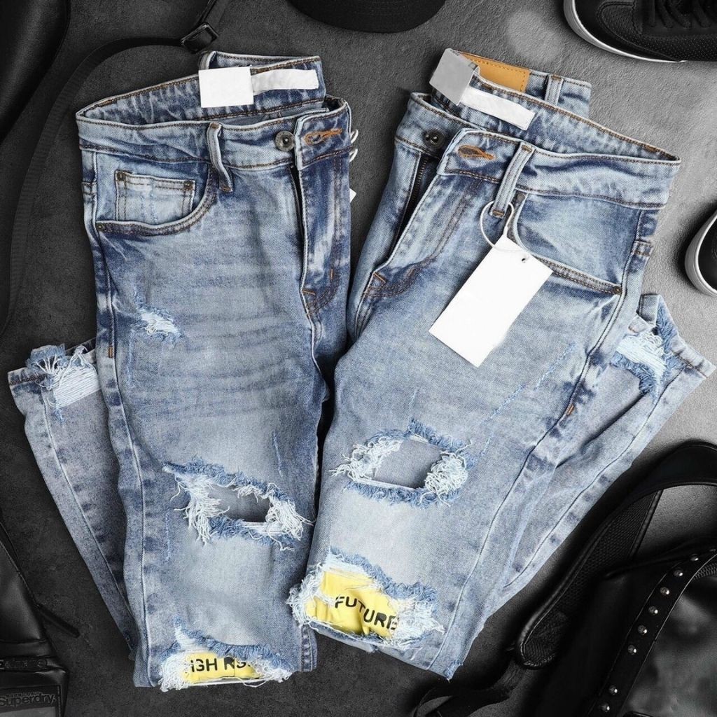 Quần Jean Nam - Quần Bò Nam DRAU DR220RT Bạc Rách Gối Cá Tính Trẻ Trung